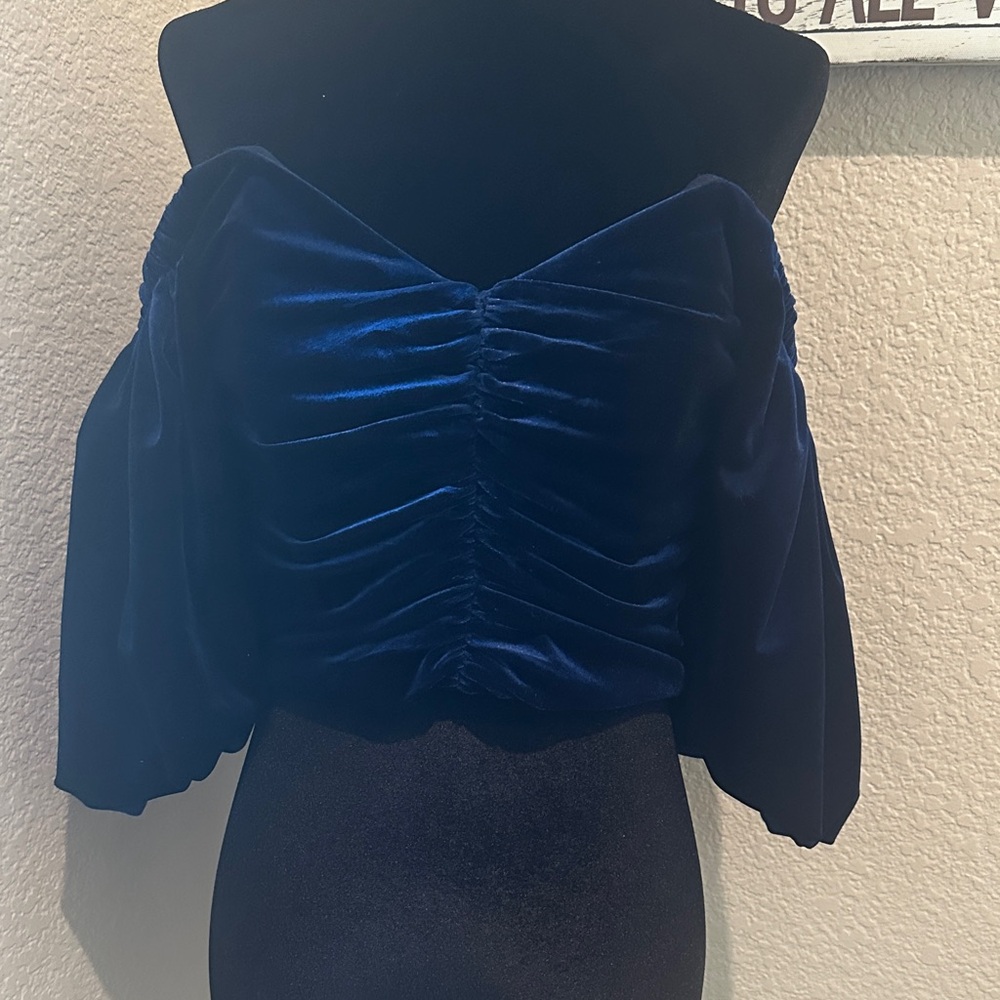 Mango Midnight Blue Velvet Off-Shoulder Blouse
